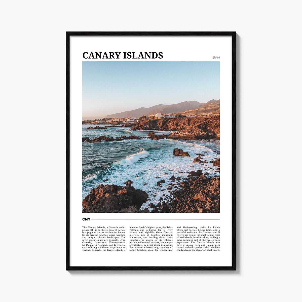 Canary Islands colorful travel poster of Spain – vertical wall art, unframed print shown in interior mockup