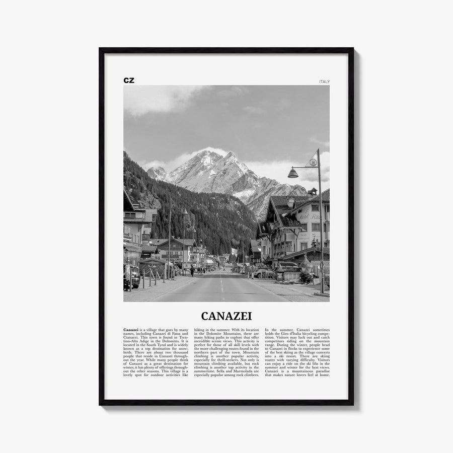 Canazei black & white newspaper poster of Italy – vertical wall art, unframed print shown in interior mockup