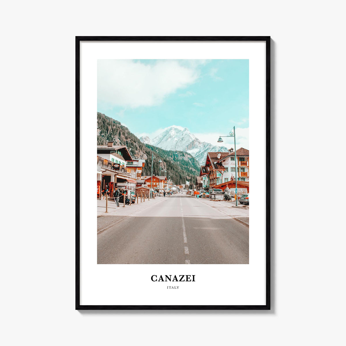 Canazei colorful classic poster of Italy – vertical wall art, unframed print shown in interior mockup