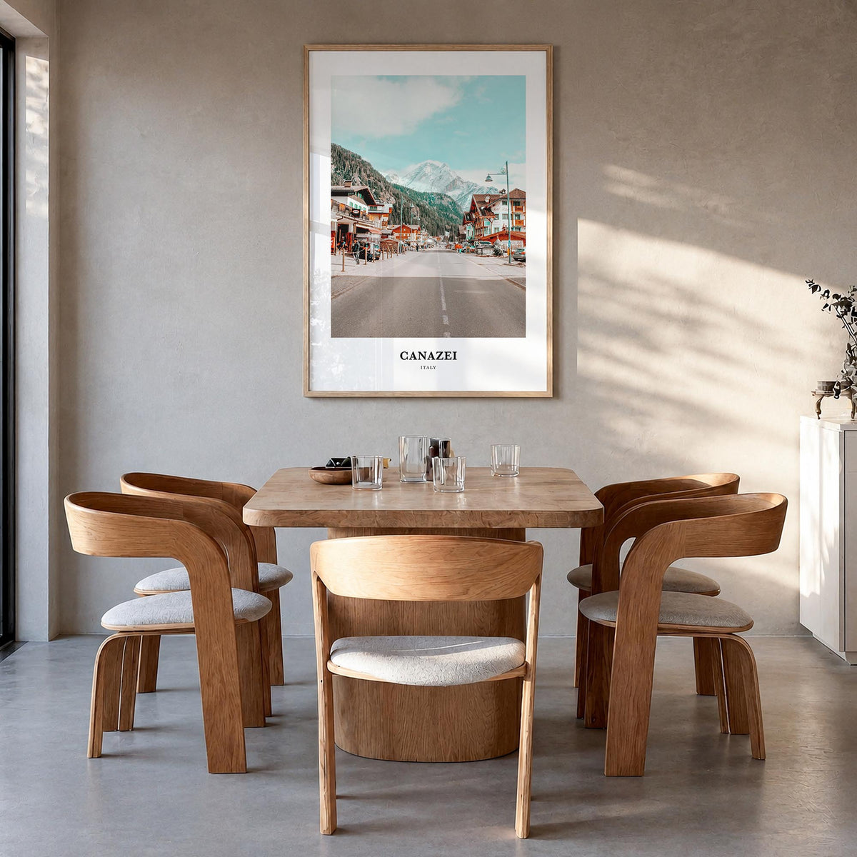 Canazei colorful classic poster of Italy – vertical wall art in natural wood frame, hanging on wall