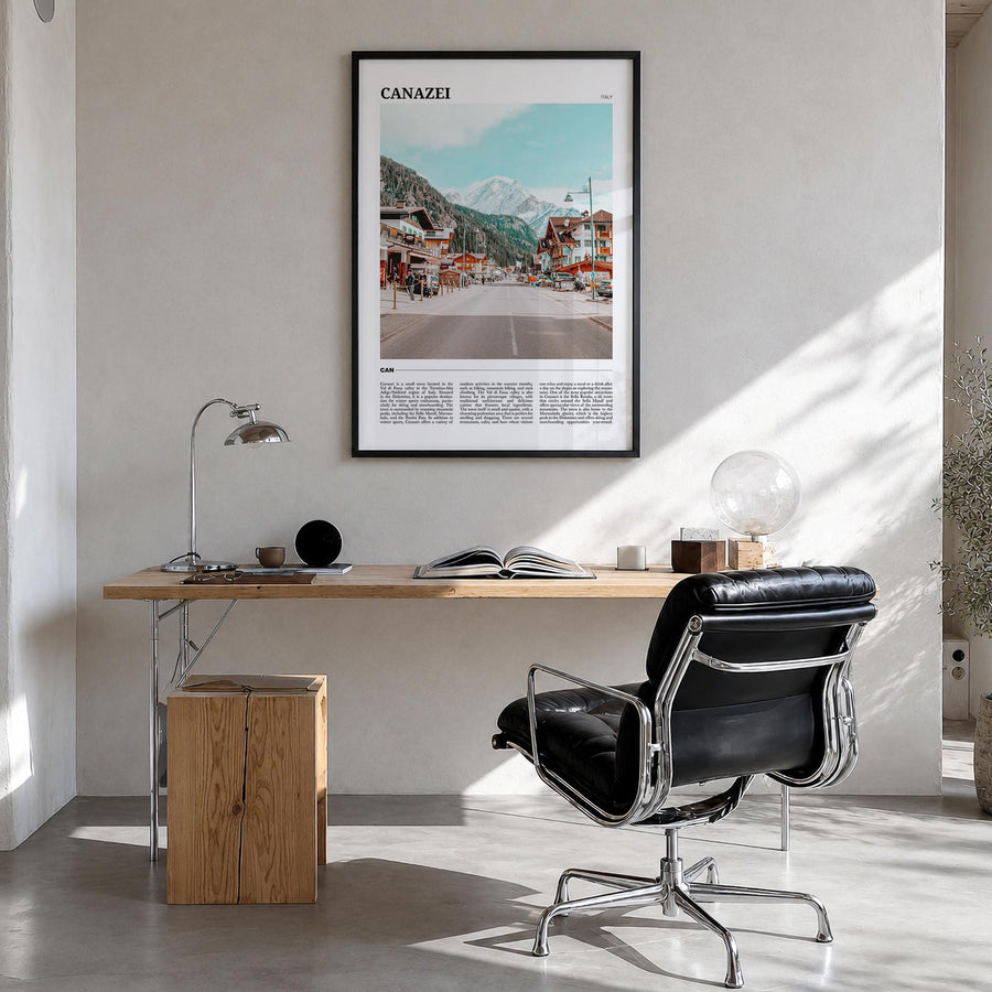Canazei colorful travel poster of Italy – vertical wall art in black wood frame, hanging on wall