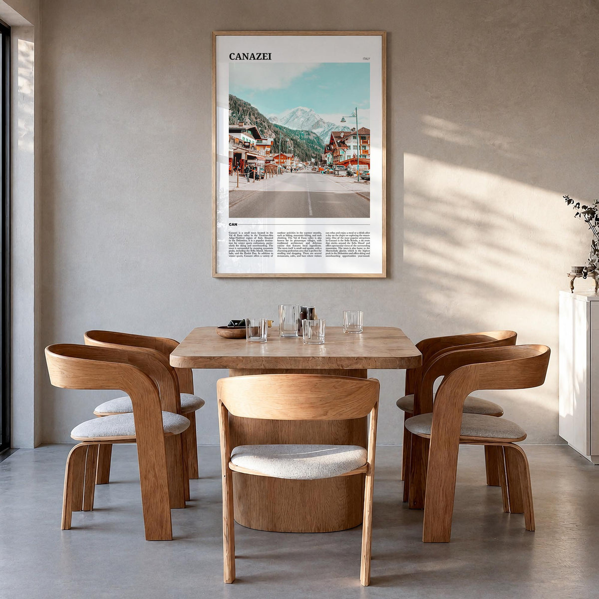 Canazei colorful travel poster of Italy – vertical wall art in natural wood frame, hanging on wall