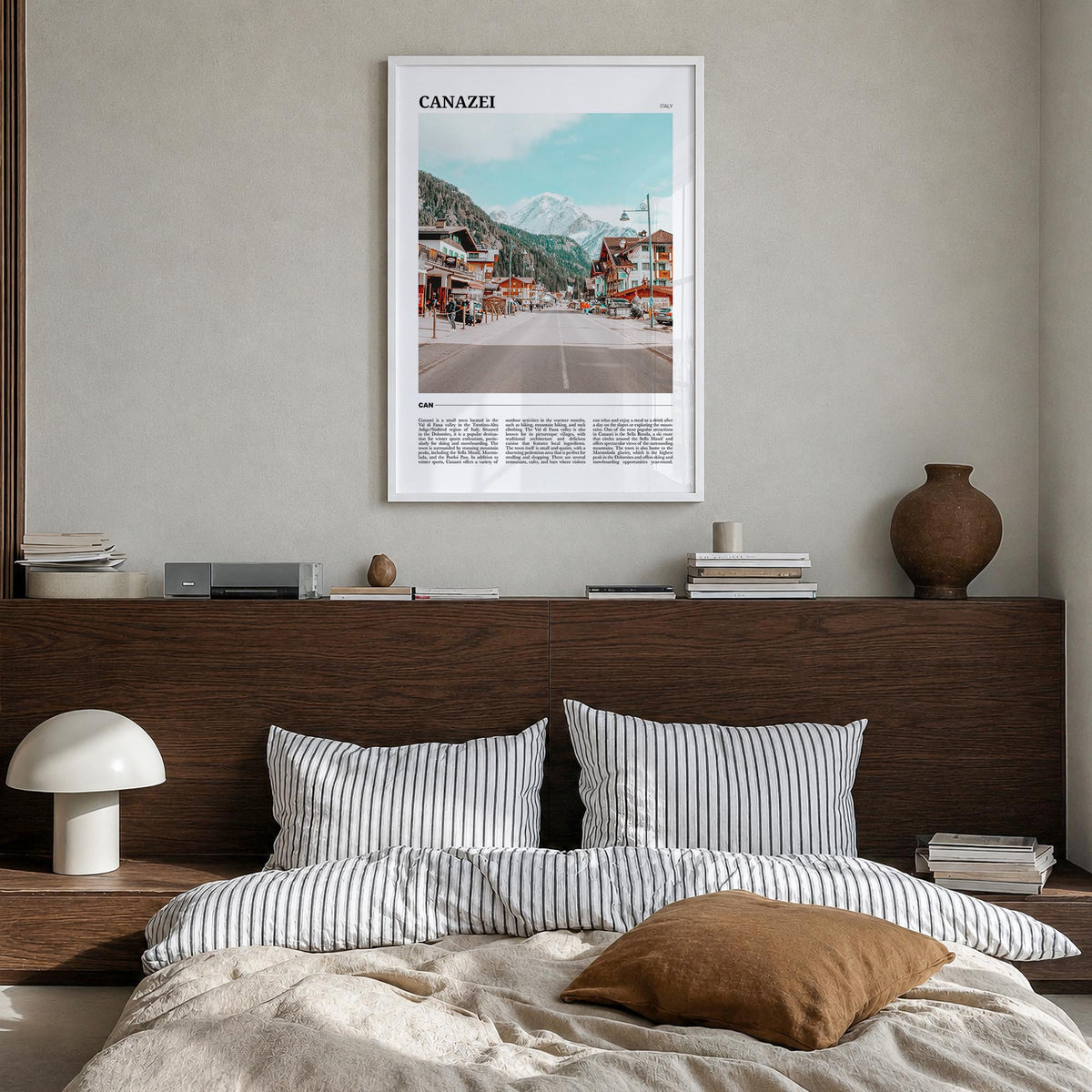 Canazei colorful travel poster of Italy – vertical wall art in white wood frame, hanging on wall