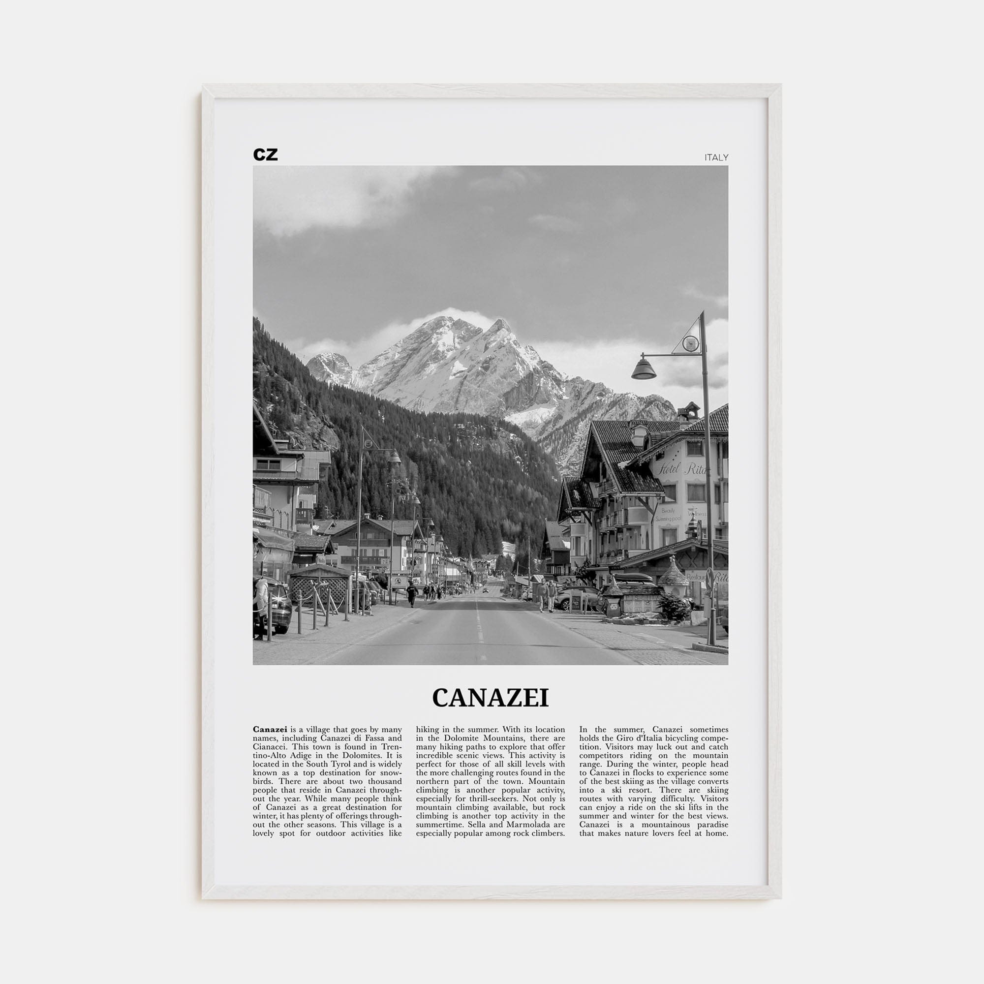 Canazei Poster White Wood / 8x12 in Nbourhood Travel B&W Poster