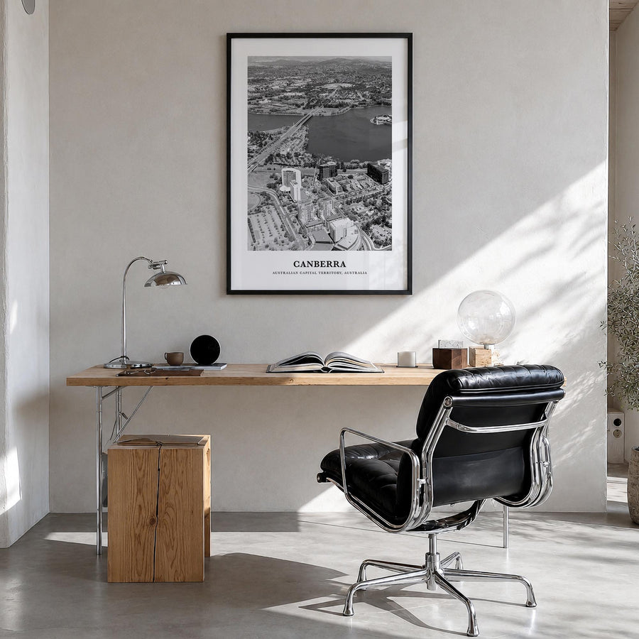 Canberra black & white classic poster of Australian Capital Territory, Australia – vertical wall art in black wood frame, han