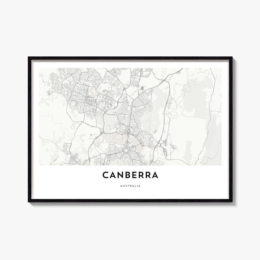 Canberra black & white map poster of Australian Capital Territory, Australia – horizontal wall art, unframed print shown in i