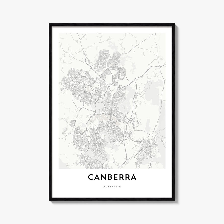 Canberra black & white map poster of Australian Capital Territory, Australia – vertical wall art, unframed print shown in int