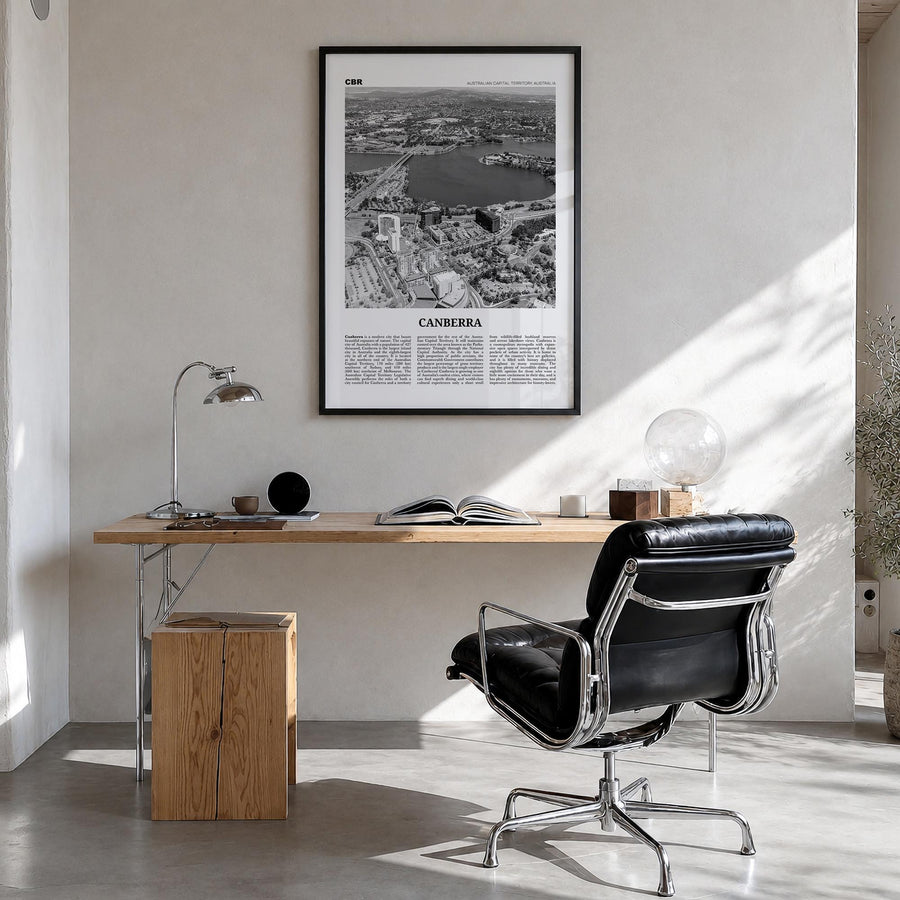 Canberra black & white newspaper poster of Australian Capital Territory, Australia – vertical wall art in black wood frame, h