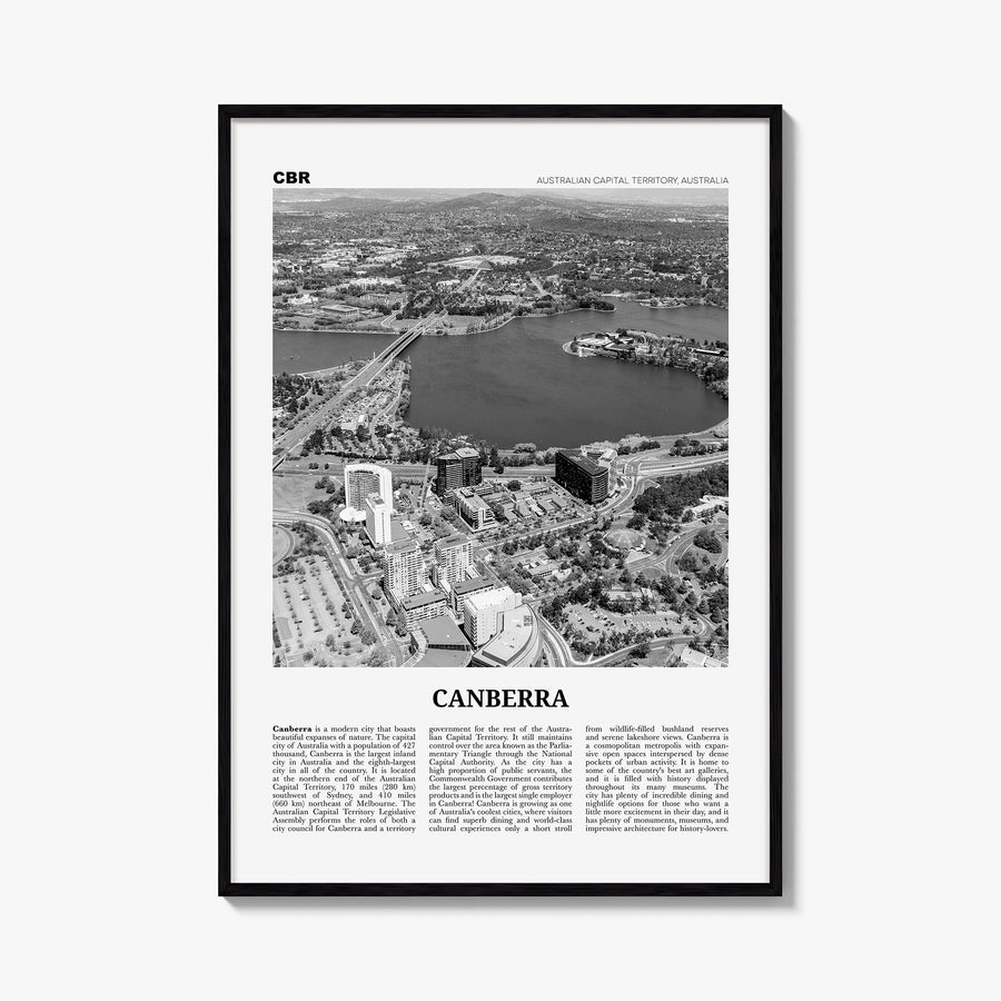 Canberra black & white newspaper poster of Australian Capital Territory, Australia – vertical wall art, unframed print shown 