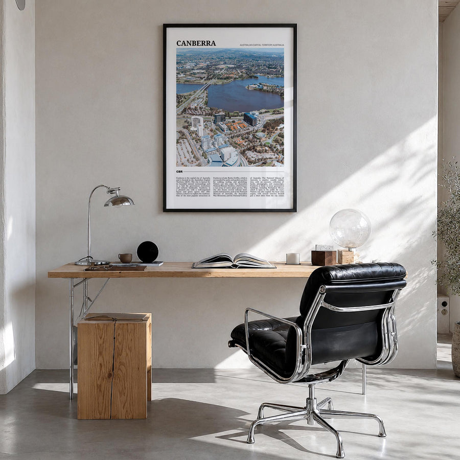Canberra colorful travel poster of Australian Capital Territory, Australia – vertical wall art in black wood frame, hanging o