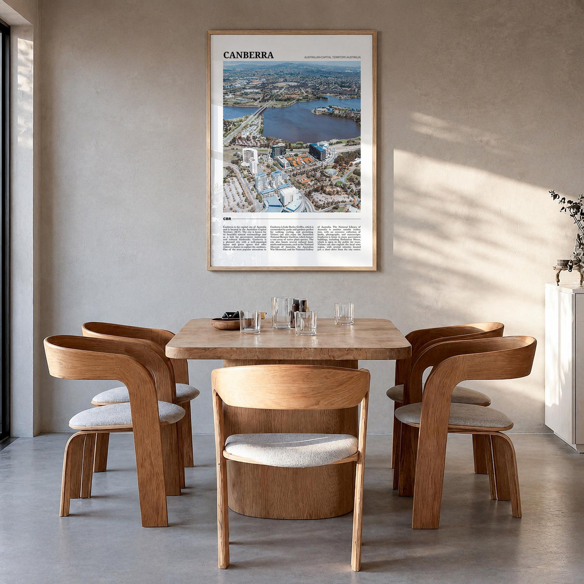 Canberra colorful travel poster of Australian Capital Territory, Australia – vertical wall art in natural wood frame, hanging