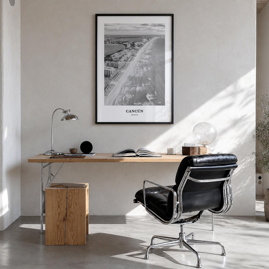 Cancún black & white classic poster of Mexico – vertical wall art in black wood frame, hanging on wall