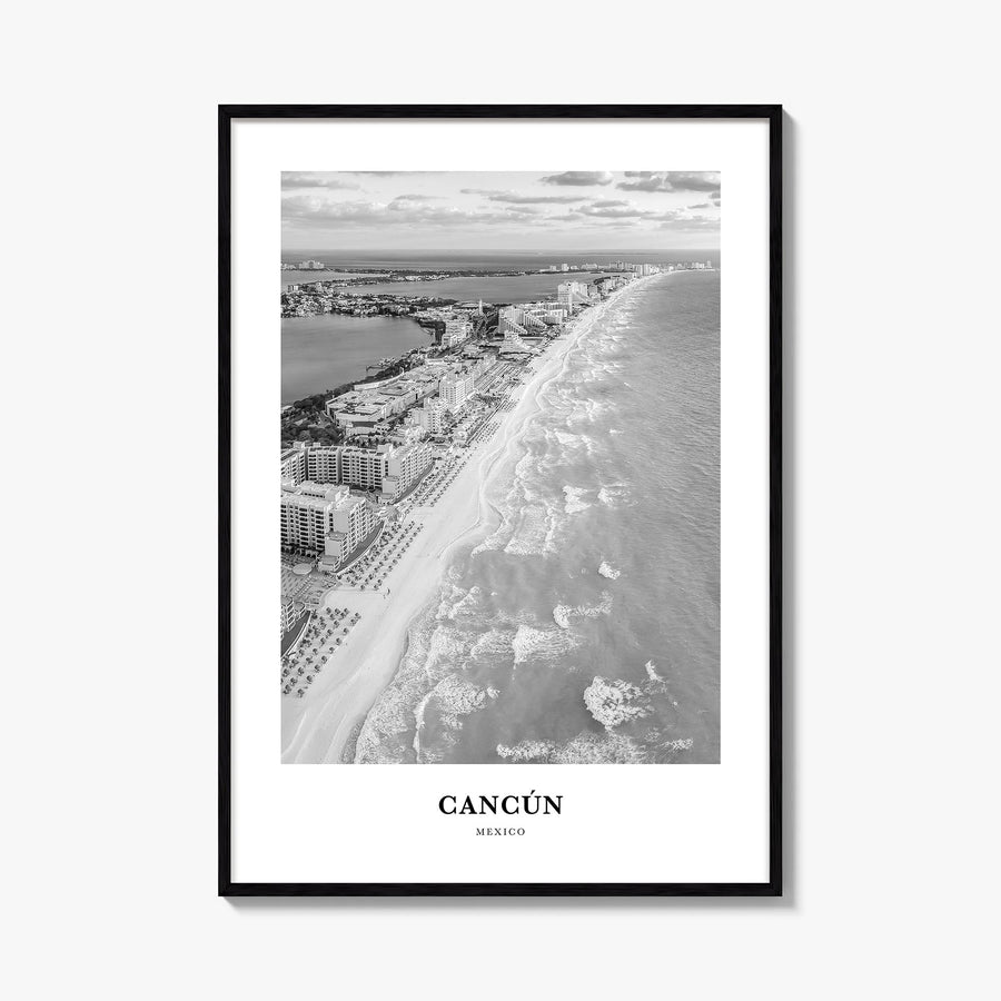 Cancún black & white classic poster of Mexico – vertical wall art, unframed print shown in interior mockup