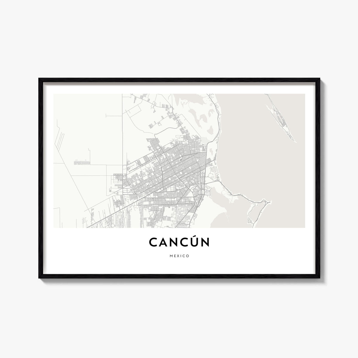 Cancún black & white map poster of Mexico – horizontal wall art, unframed print shown in interior mockup