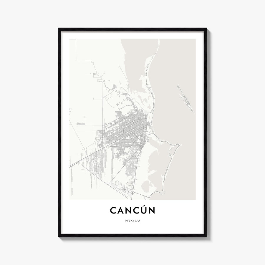 Cancún black & white map poster of Mexico – vertical wall art, unframed print shown in interior mockup