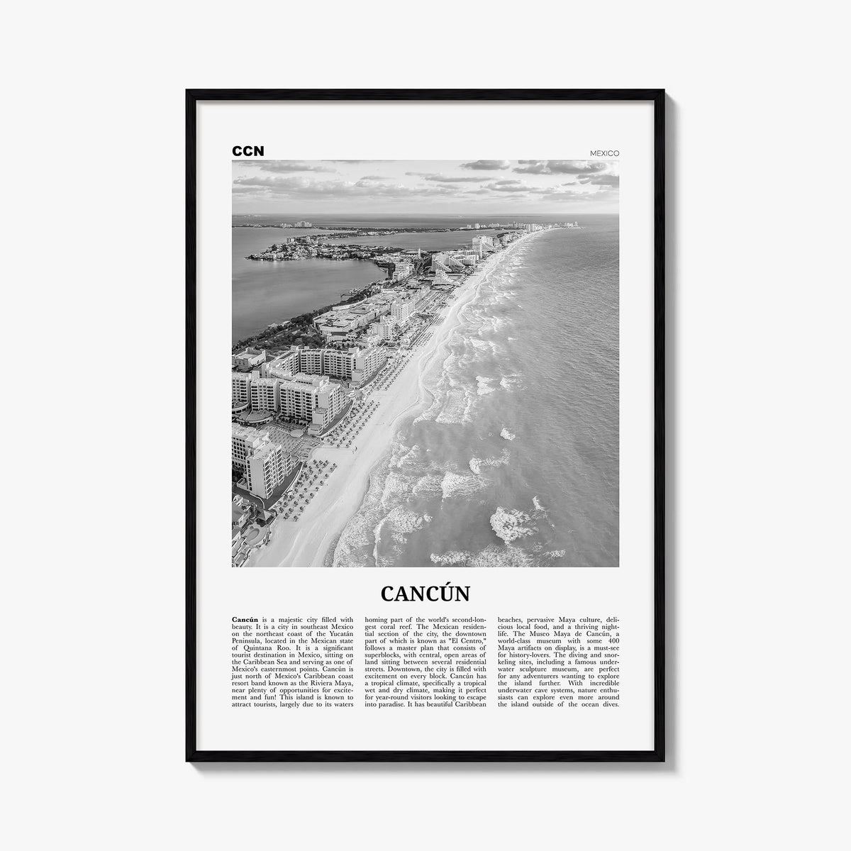 Cancún black & white newspaper poster of Mexico – vertical wall art, unframed print shown in interior mockup