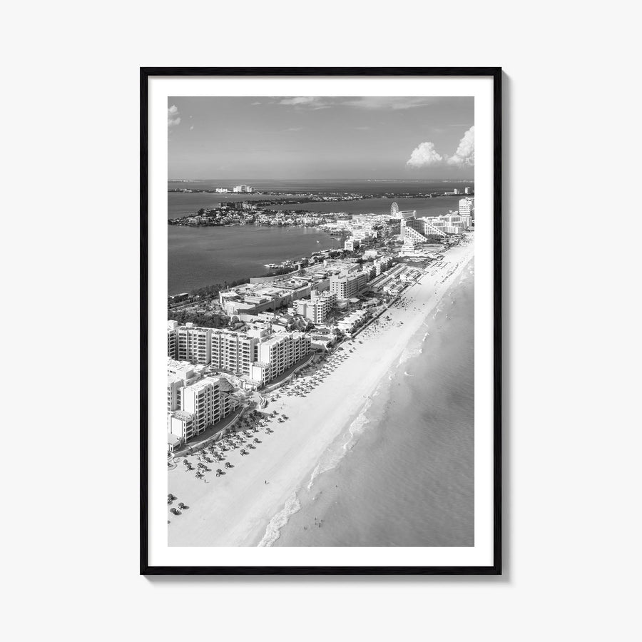 Cancún black & white photo poster of Mexico – vertical wall art, unframed print shown in interior mockup
