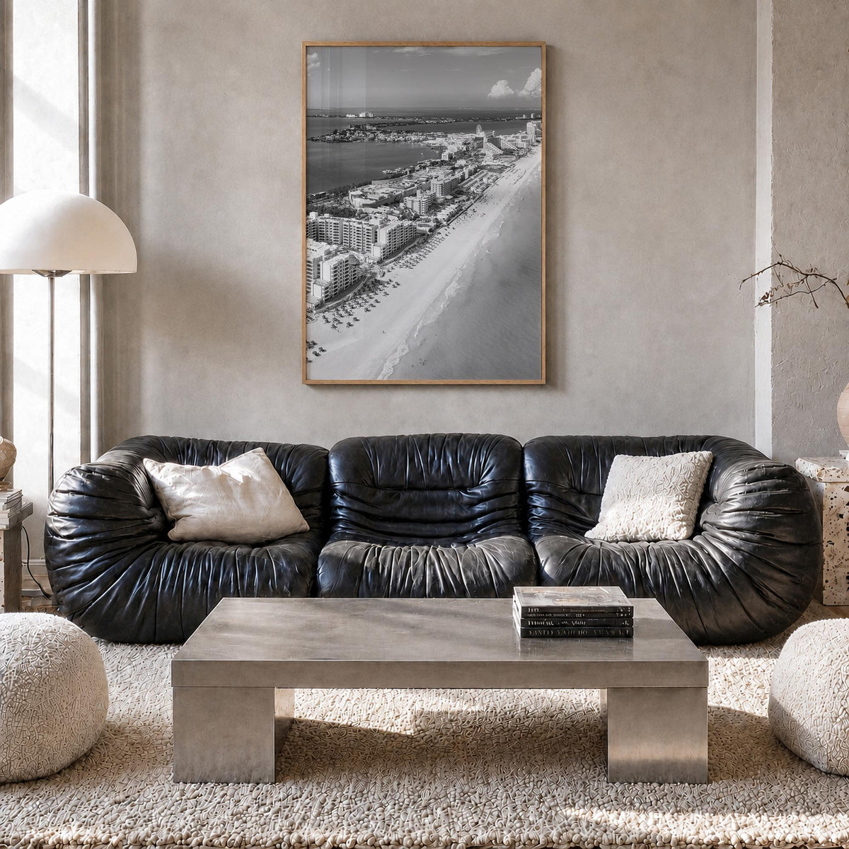 Cancún black & white photo poster of Mexico – vertical wall art in natural wood frame, hanging on wall