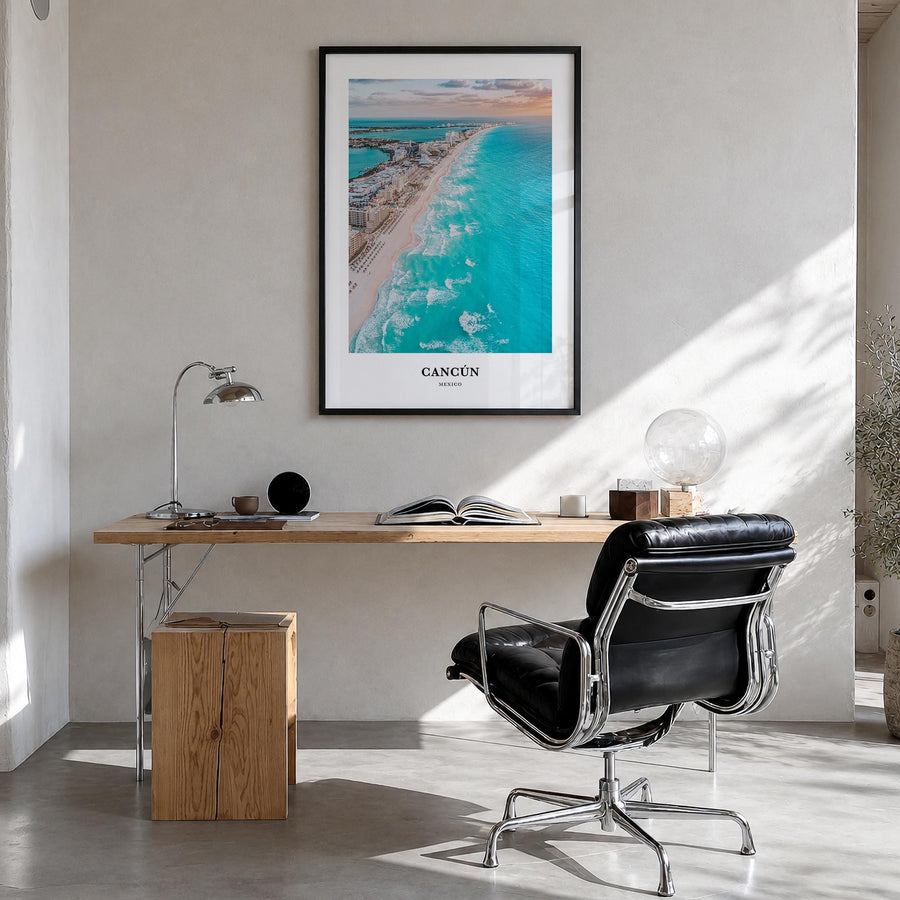 Cancún colorful classic poster of Mexico – vertical wall art in black wood frame, hanging on wall