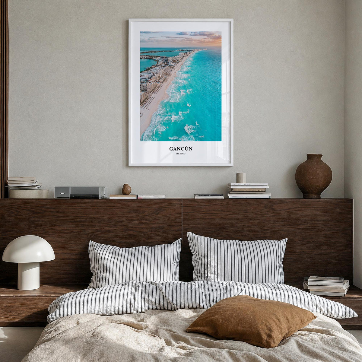 Cancún colorful classic poster of Mexico – vertical wall art in white wood frame, hanging on wall