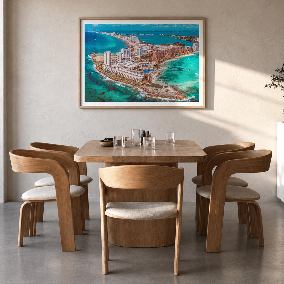 Cancún colorful photo poster of Mexico – horizontal wall art in natural wood frame with white border, hanging on wall
