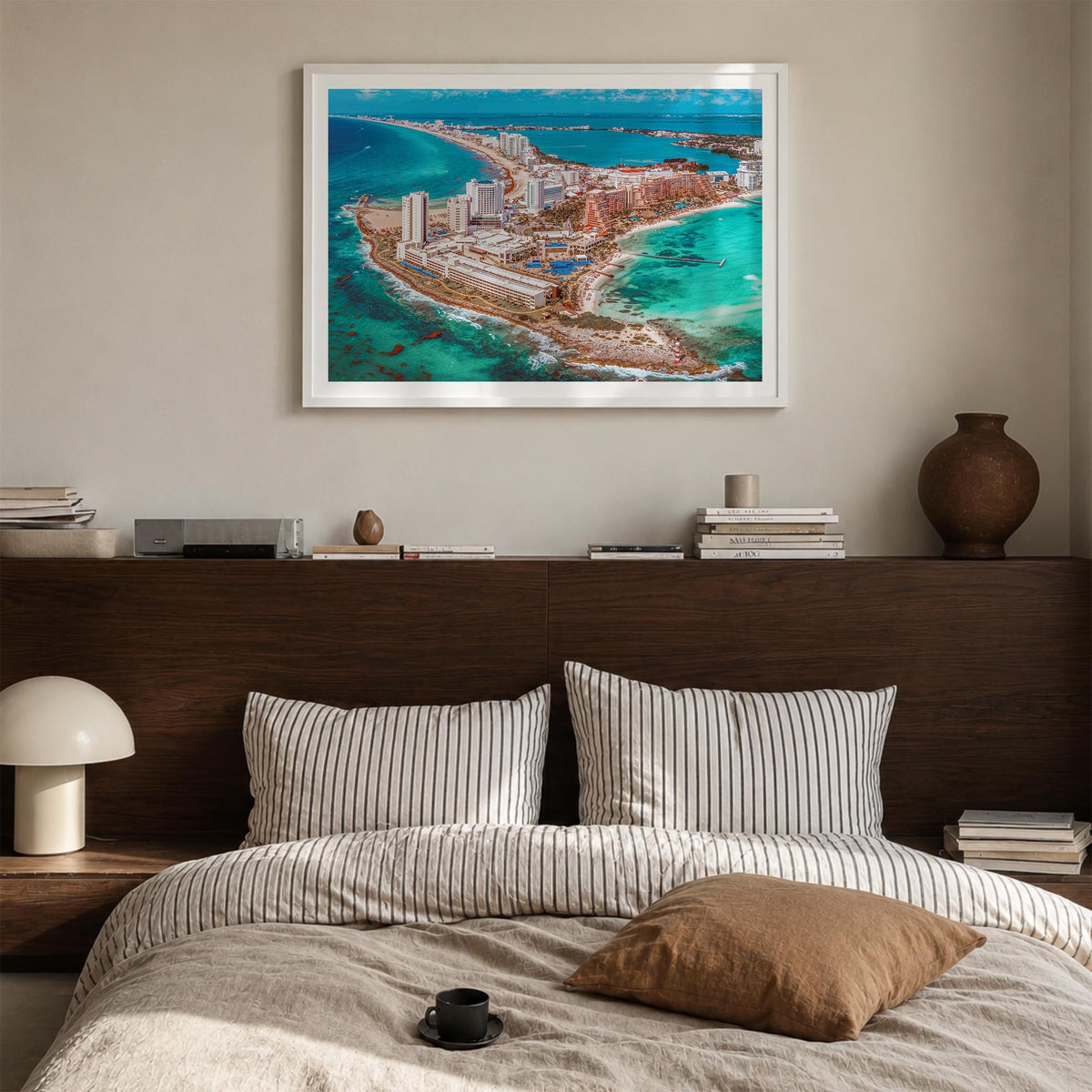 Cancún colorful photo poster of Mexico – horizontal wall art in white wood frame with white border, hanging on wall
