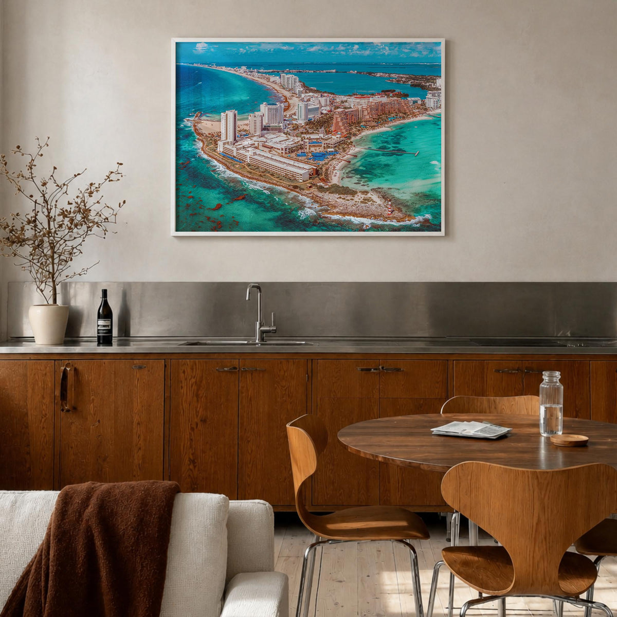 Cancún colorful photo poster of Mexico – horizontal wall art in white wood frame, hanging on wall