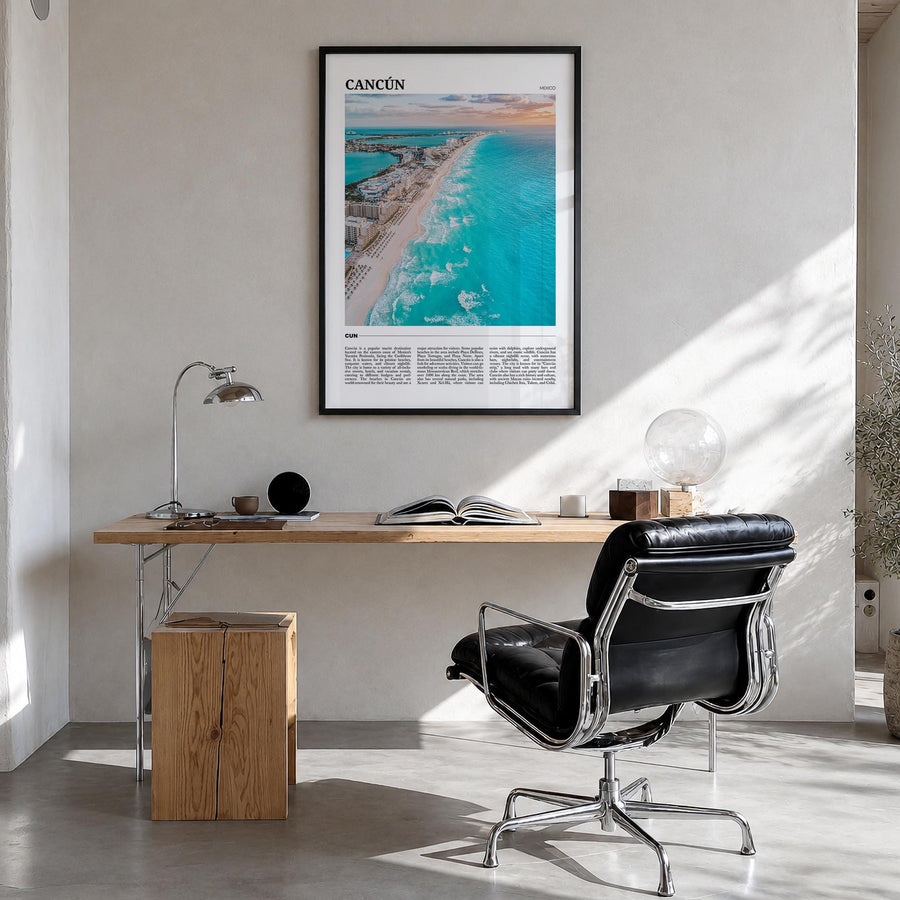 Cancún colorful travel poster of Mexico – vertical wall art in black wood frame, hanging on wall
