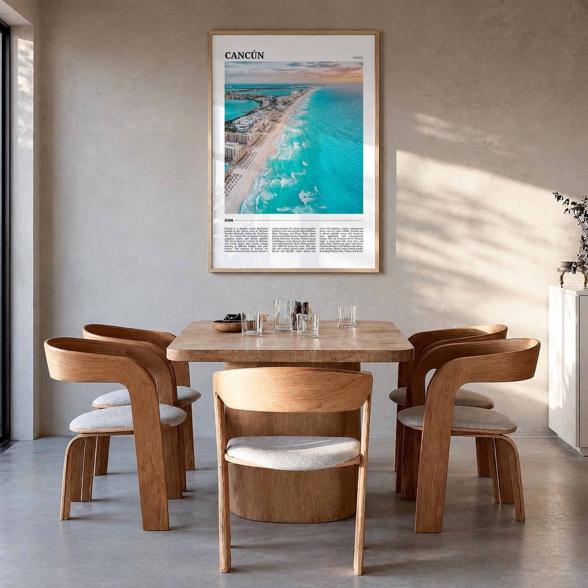 Cancún colorful travel poster of Mexico – vertical wall art in natural wood frame, hanging on wall