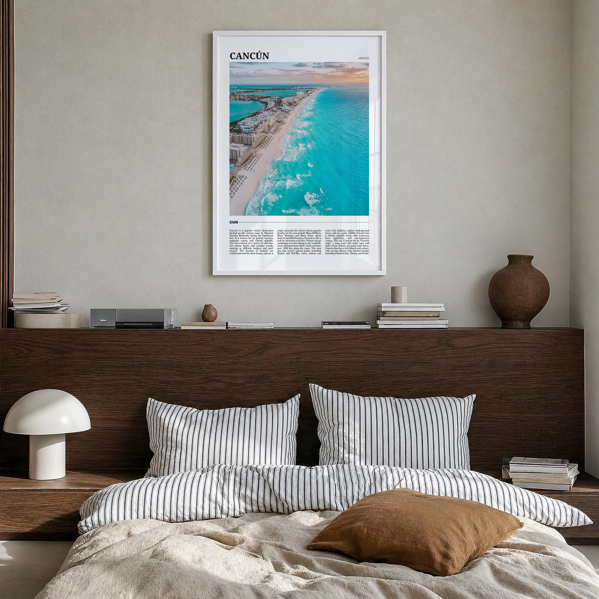 Cancún colorful travel poster of Mexico – vertical wall art in white wood frame, hanging on wall