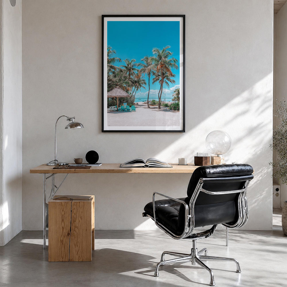 Cancún no. 1 colorful photo poster of Mexico – vertical wall art in black wood frame with white border, hanging on wall