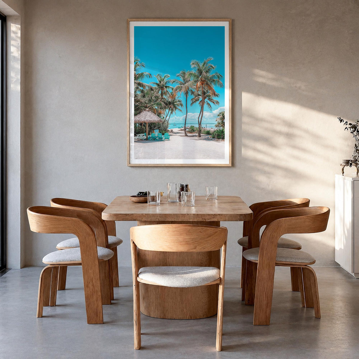 Cancún no. 1 colorful photo poster of Mexico – vertical wall art in natural wood frame with white border, hanging on wall