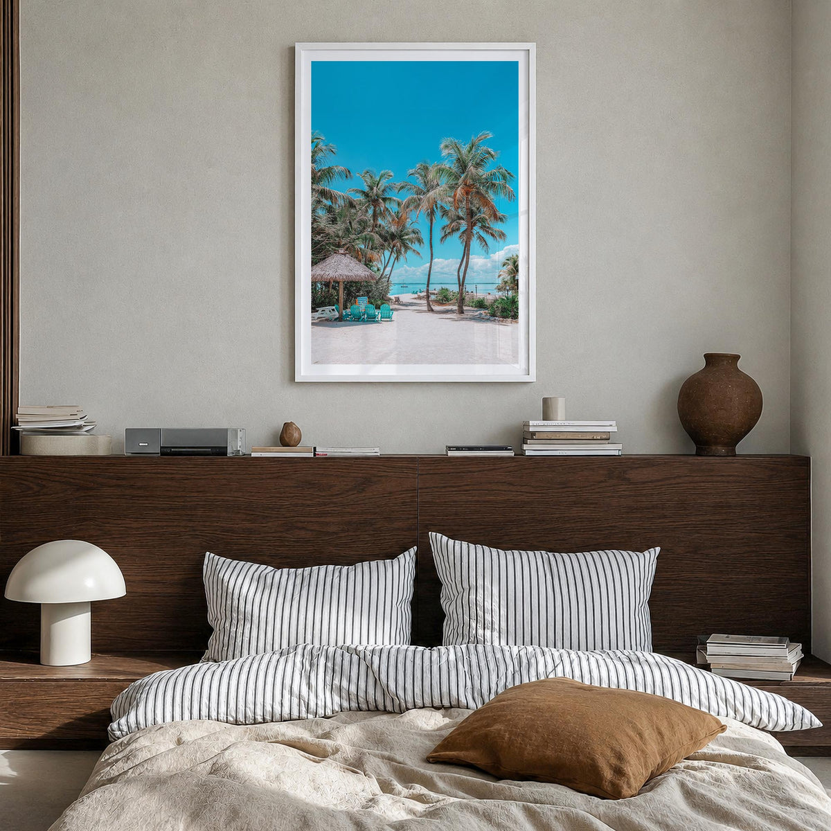 Cancún no. 1 colorful photo poster of Mexico – vertical wall art in white wood frame with white border, hanging on wall