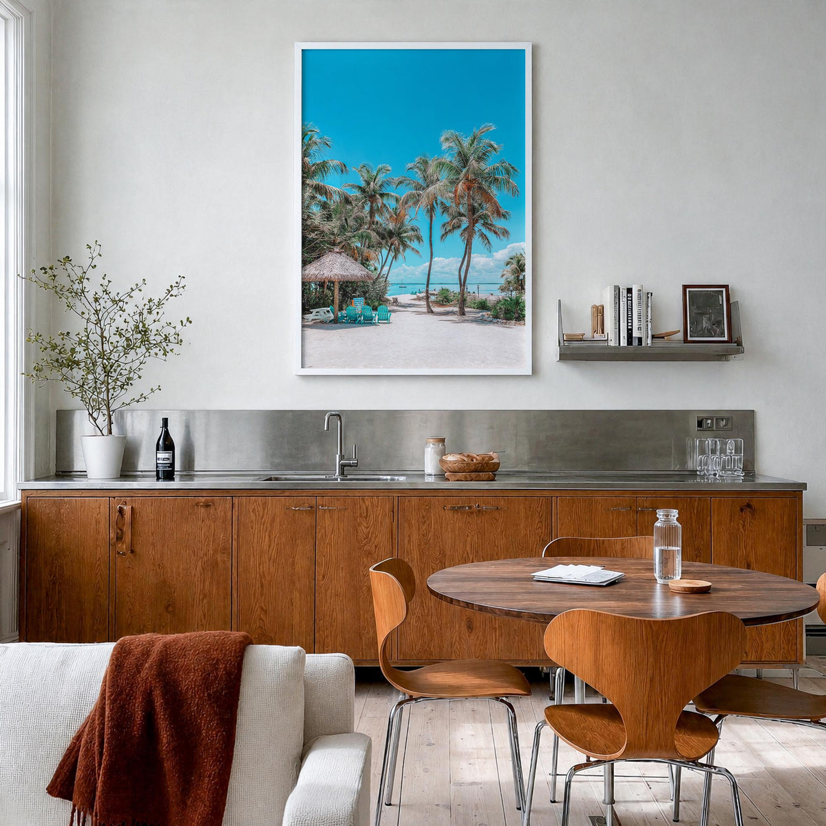 Cancún no. 1 colorful photo poster of Mexico – vertical wall art in white wood frame, hanging on wall
