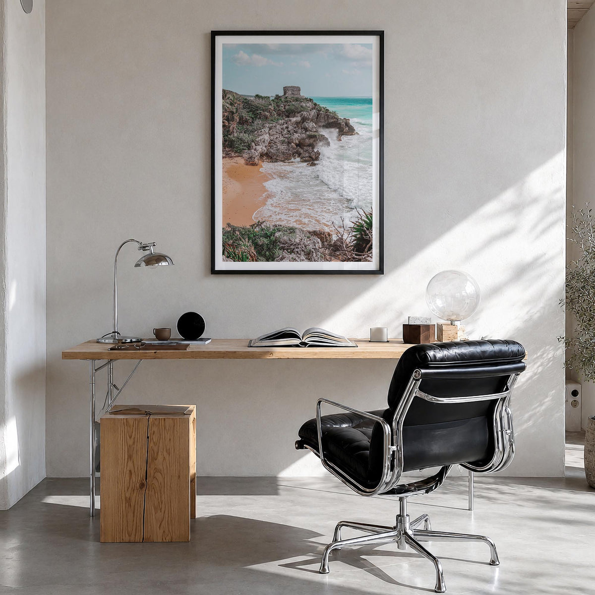 Cancún no. 2 colorful photo poster of Mexico – vertical wall art in black wood frame with white border, hanging on wall