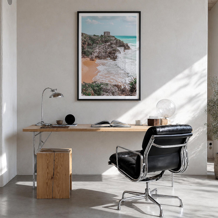 Cancún no. 2 colorful photo poster of Mexico – vertical wall art in black wood frame with white border, hanging on wall