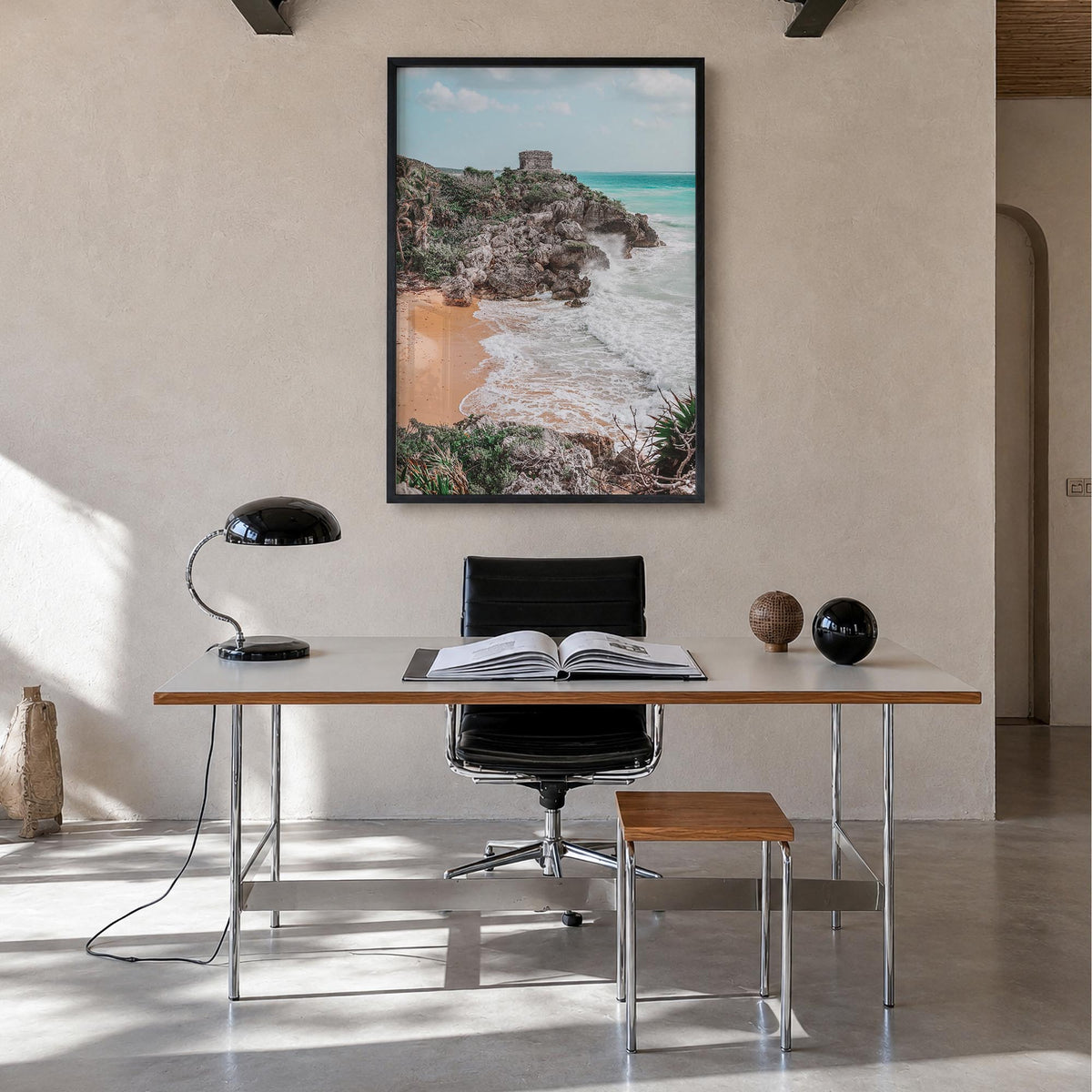 Cancún no. 2 colorful photo poster of Mexico – vertical wall art in black wood frame, hanging on wall