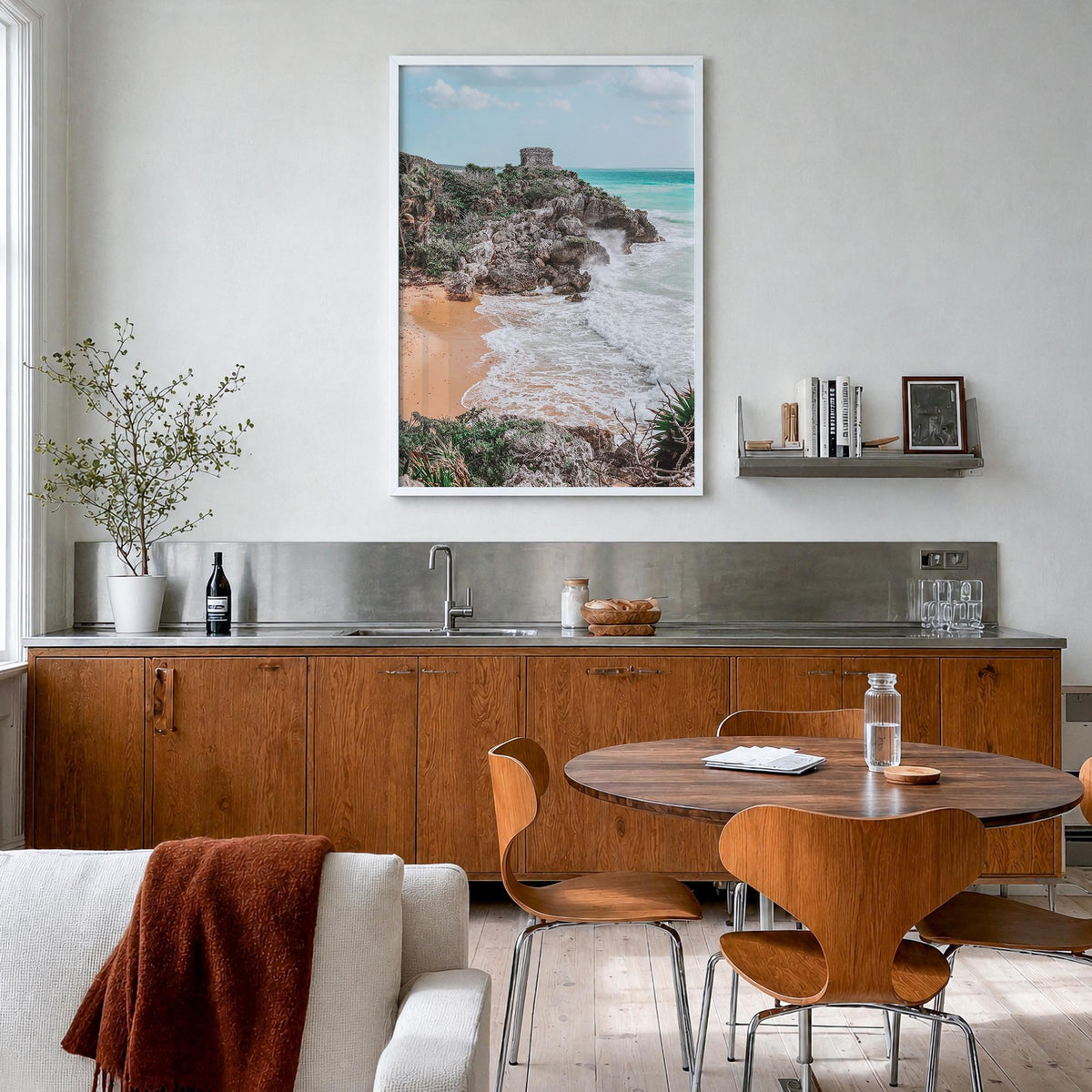 Cancún no. 2 colorful photo poster of Mexico – vertical wall art in white wood frame, hanging on wall