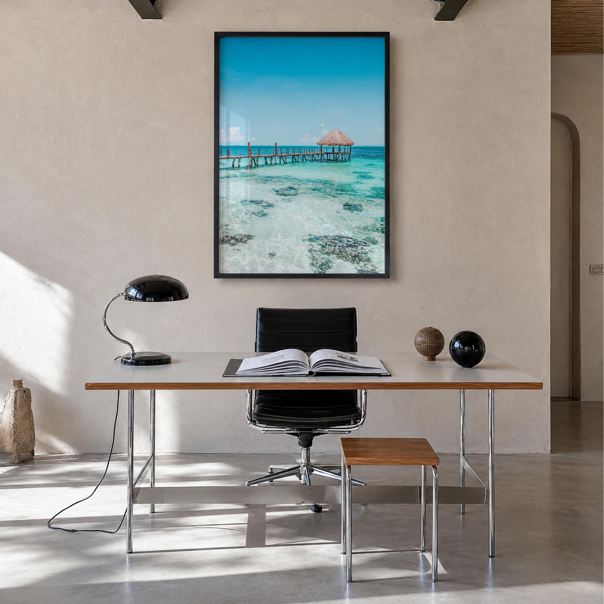 Cancún no. 3 colorful photo poster of Mexico – vertical wall art in black wood frame, hanging on wall
