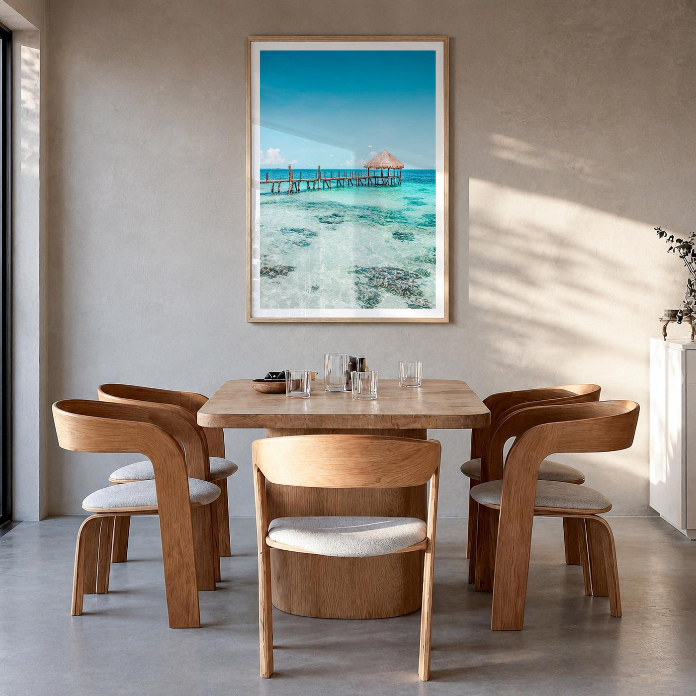 Cancún no. 3 colorful photo poster of Mexico – vertical wall art in natural wood frame with white border, hanging on wall