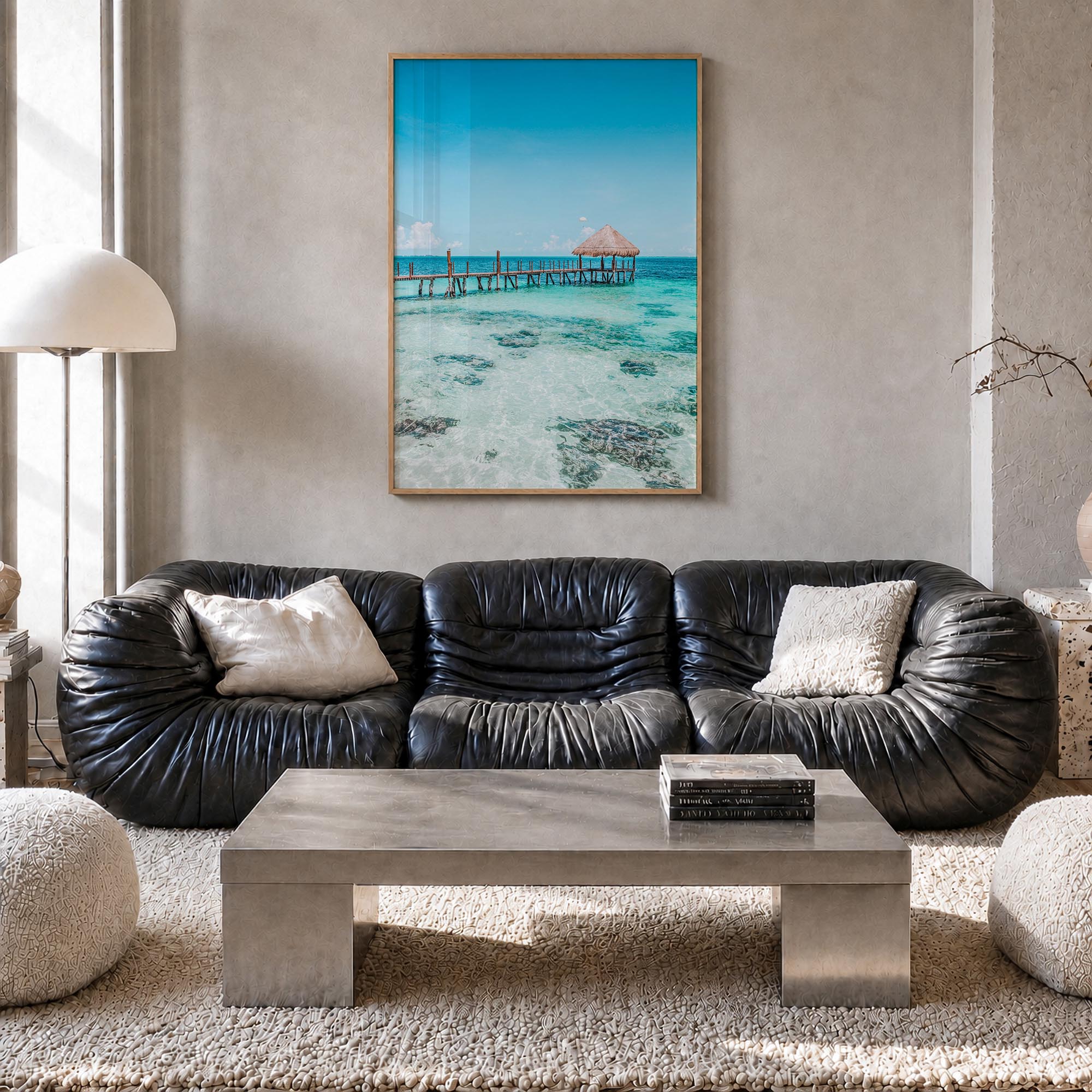 Cancún no. 3 colorful photo poster of Mexico – vertical wall art in natural wood frame, hanging on wall