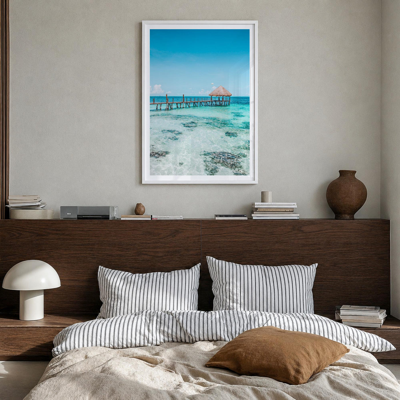 Cancún no. 3 colorful photo poster of Mexico – vertical wall art in white wood frame with white border, hanging on wall