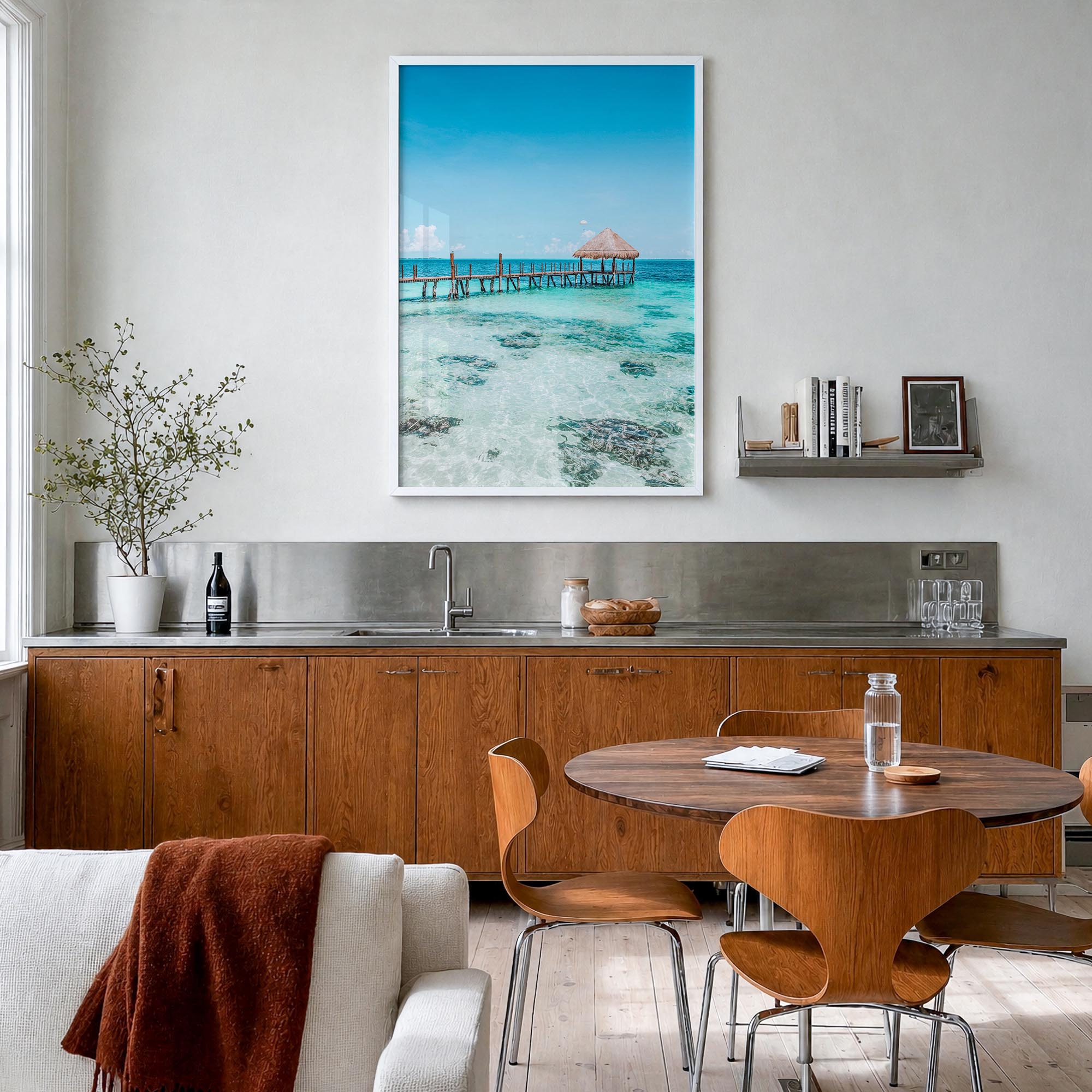 Cancún no. 3 colorful photo poster of Mexico – vertical wall art in white wood frame, hanging on wall