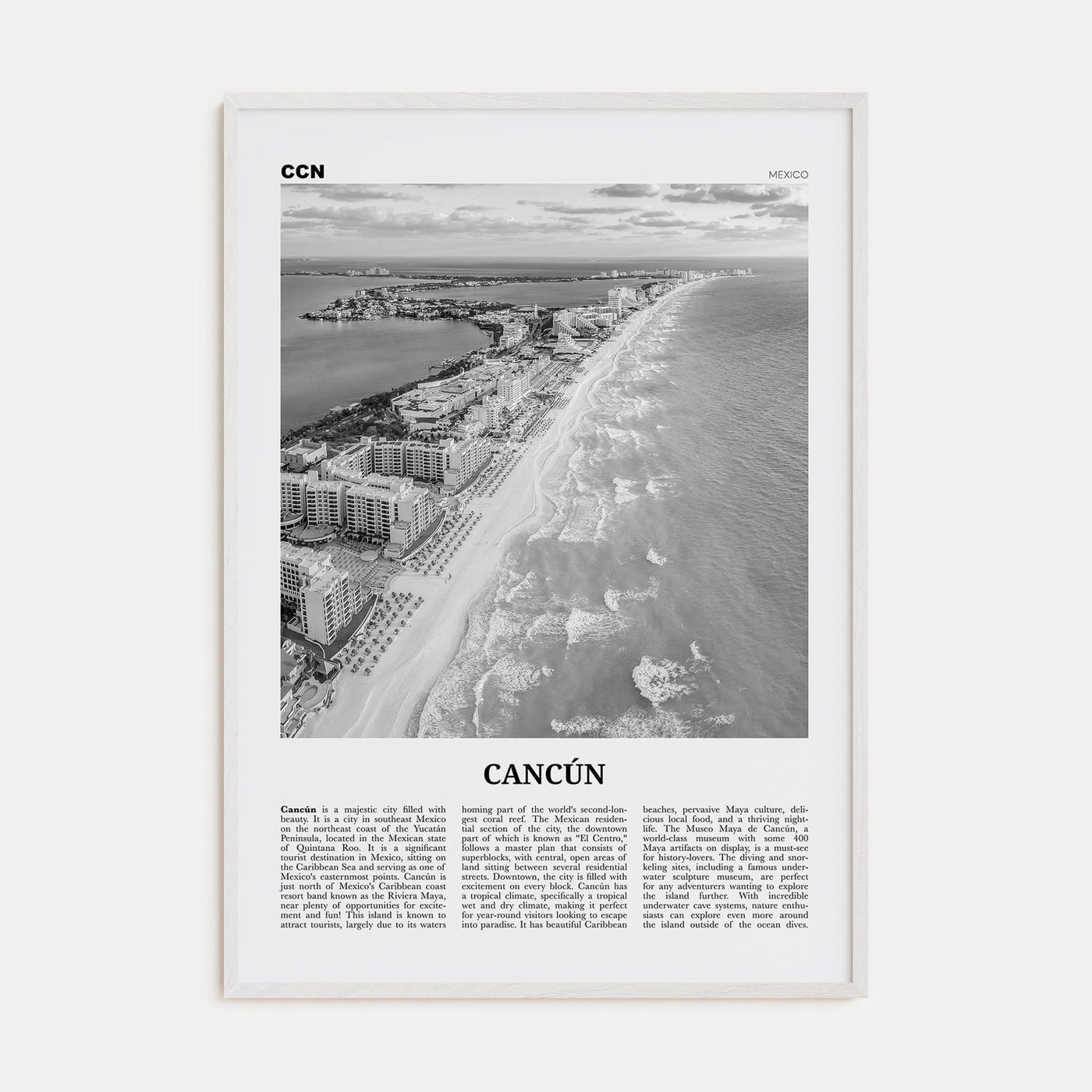 Cancún Poster White Wood / 8x12 in Nbourhood Travel B&W Poster