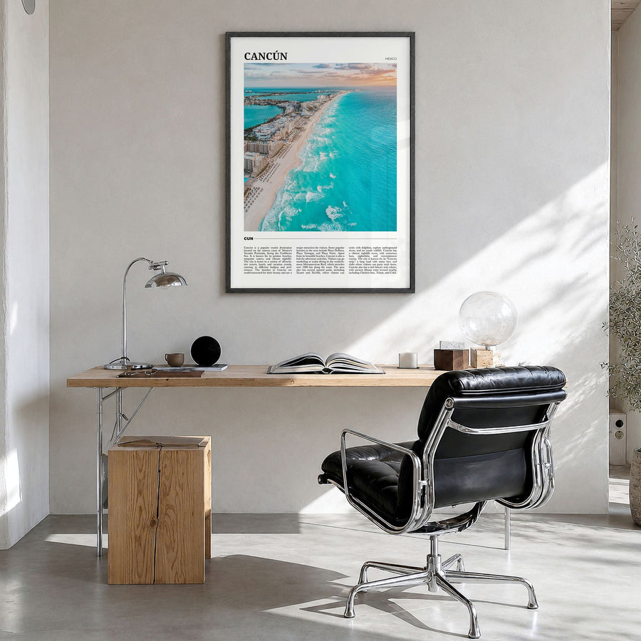Cancún Travel Poster in a black wood frame, hanging in a bright home office