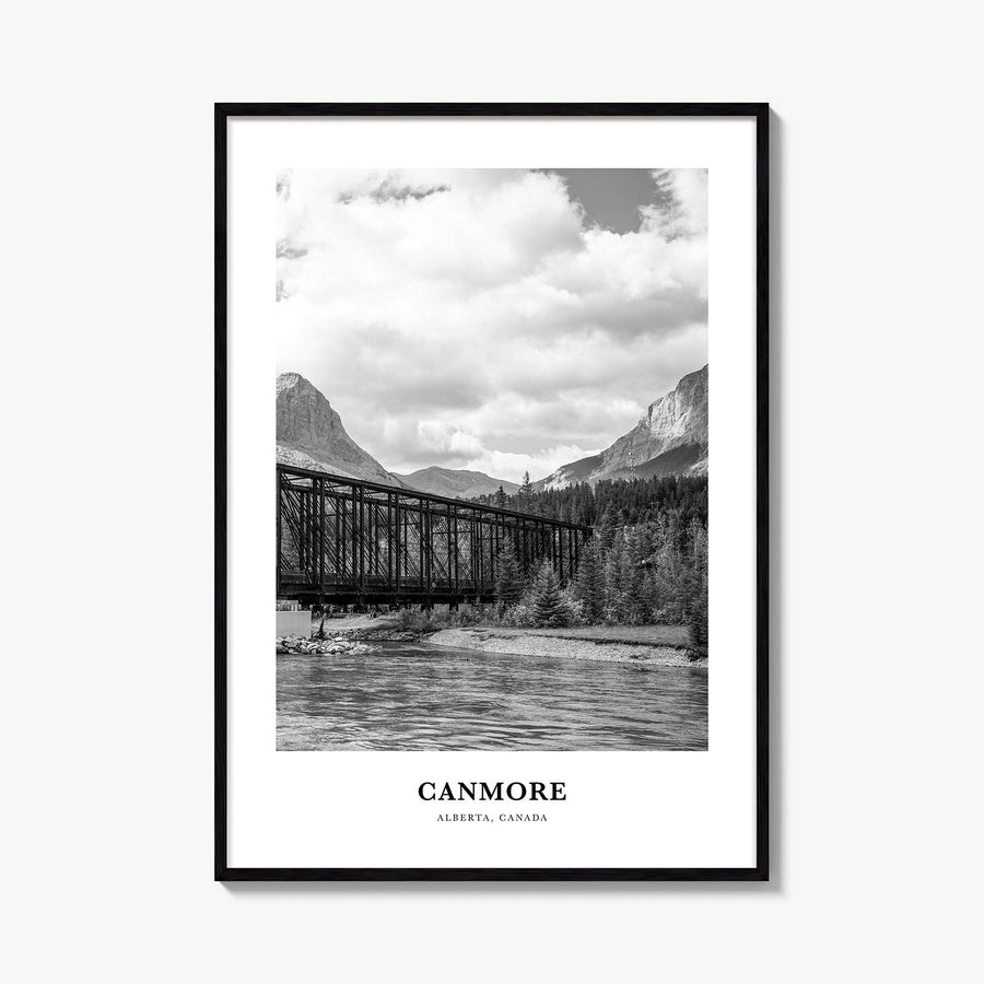 Canmore black & white classic poster of Alberta, Canada – vertical wall art, unframed print shown in interior mockup
