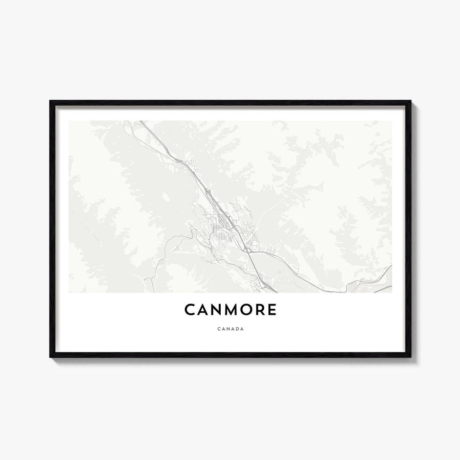 Canmore black & white map poster of Alberta, Canada – horizontal wall art, unframed print shown in interior mockup