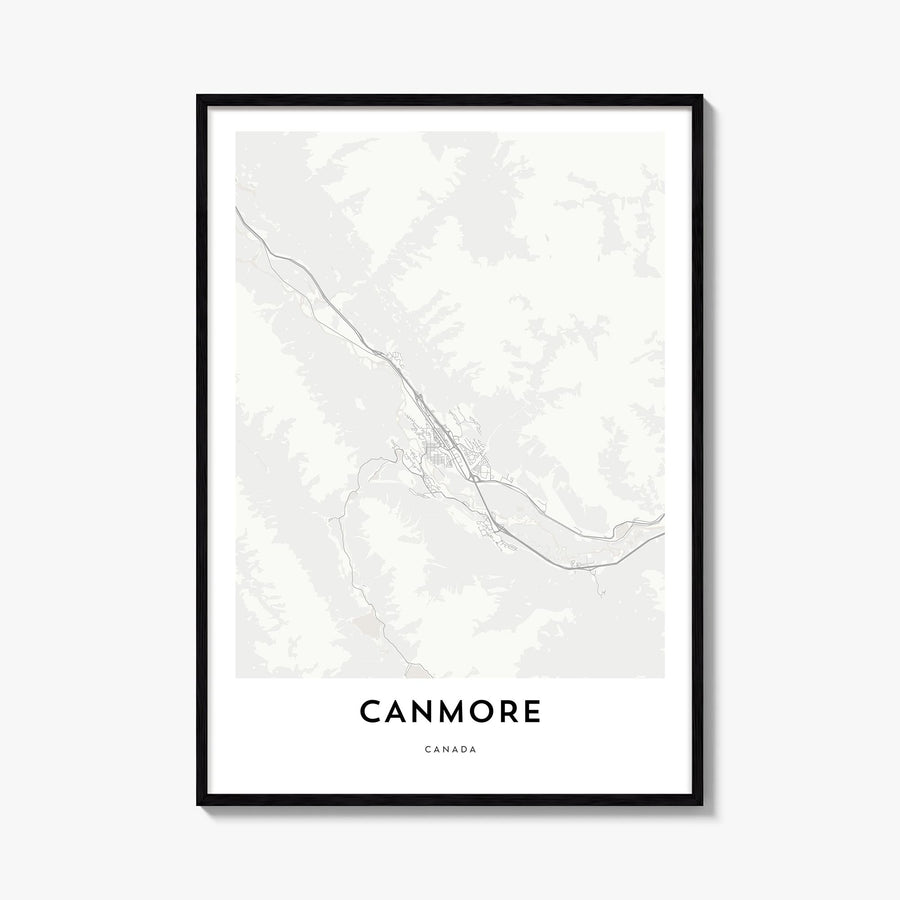 Canmore black & white map poster of Alberta, Canada – vertical wall art, unframed print shown in interior mockup