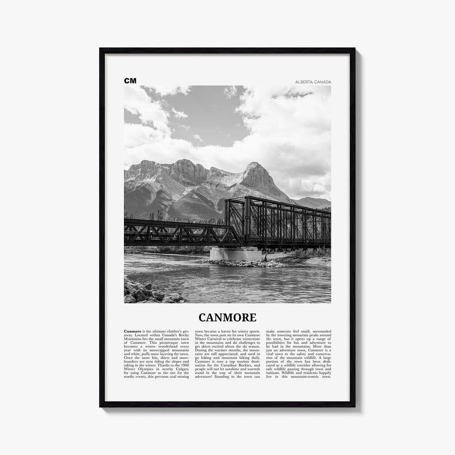 Canmore black & white newspaper poster of Alberta, Canada – vertical wall art, unframed print shown in interior mockup