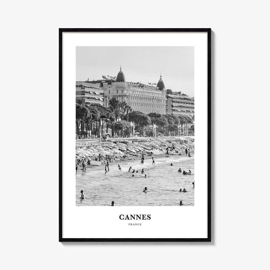 Cannes black & white classic poster of France – vertical wall art, unframed print shown in interior mockup